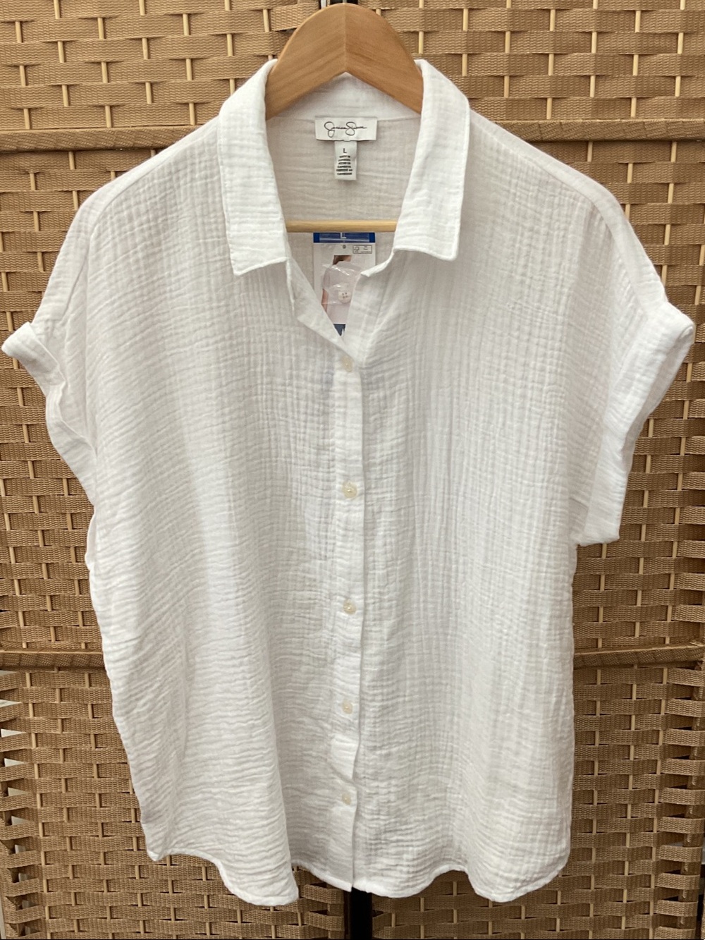 Jessica Simpson White Short Sleeve Gauze Button-Down Shirt
